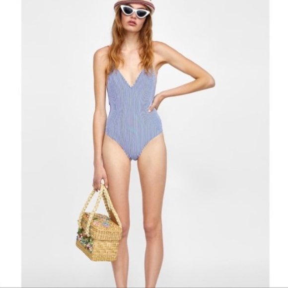 Zara Other - Zara Blue White Striped One Piece Swimsuit S